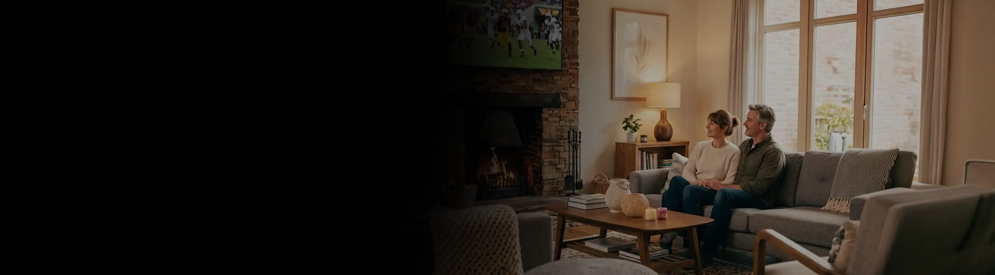 A couple sits on a sofa watching a football game near a crackling fireplace.